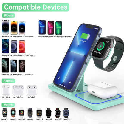 Wireless Charger, 18W 3 in 1 Wireless Charging Station for Iphone 17 16E 15 14 13 12 Pro, Fast Charger Stand for Iwatch SE 9-11 6-8 2-5, Airpods 4/3/2/Pro, Samsung Galaxy Seires (Green)